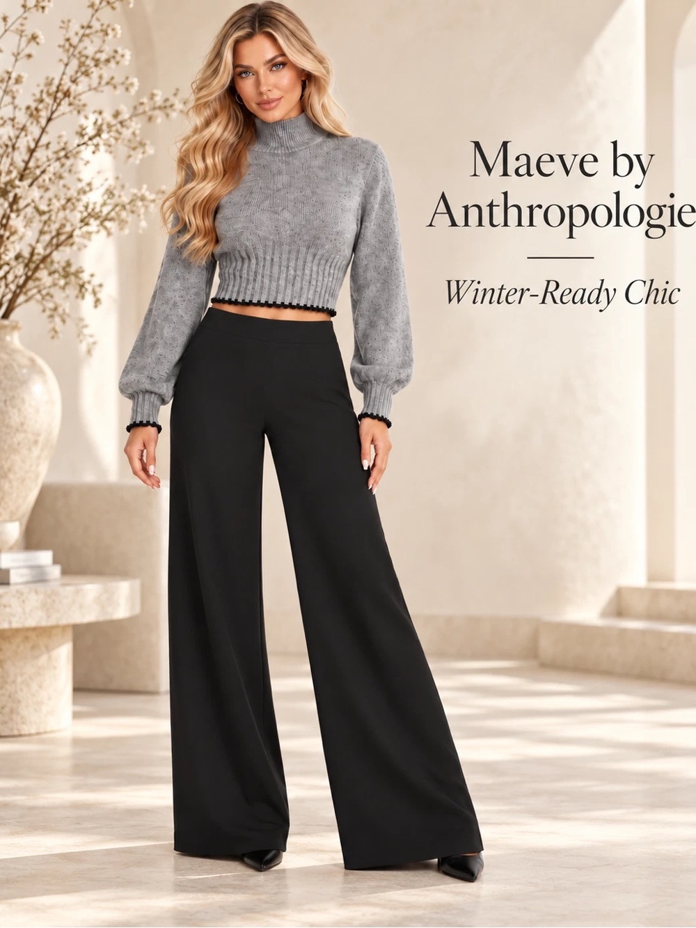 Anthropologie Maeve, gray cropped, mock neck, soft knit sweater